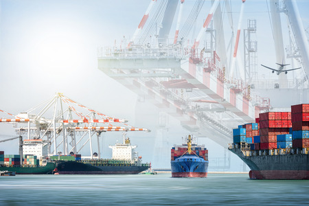 Container cargo ship and cargo plane with port crane bridge in harbor, Freight Transportation, Shippingの写真素材