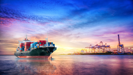 Logistics and transportation of International Container Cargo ship in the ocean at twilight sky, Freight Transportation, Shipping