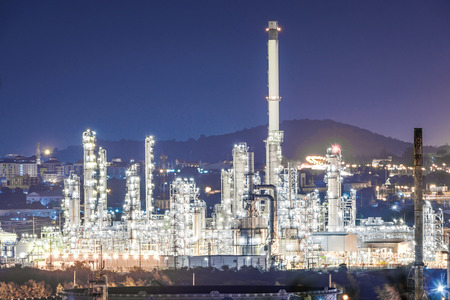 Oil and gas refinery plant at night, Petrochemical factoryの写真素材