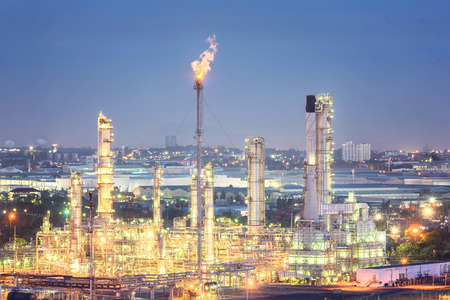 Oil and gas refinery plant at night, Petrochemical factory