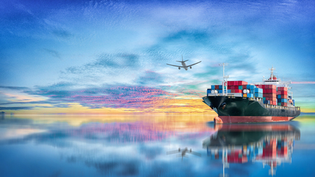 Logistics and transportation of International Container Cargo ship and cargo plane in the ocean at twilight sky, Freight Transportation, Shippingの写真素材