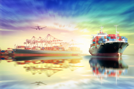 Logistics and transportation of International Container Cargo ship and Cargo plane with working crane bridge in seaport for logistic import export background and transport industry.の写真素材