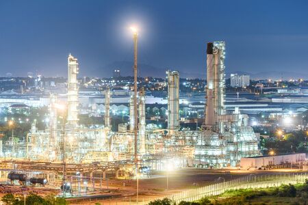 Oil and gas refinery plant at night, Petrochemical factoryの写真素材