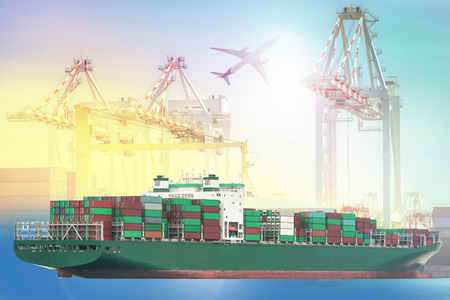 Logistics and transportation Container Cargo ship and Cargo plane with working crane bridge in...