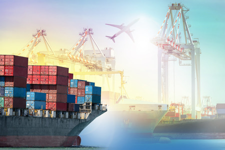 Logistics and transportation Container Cargo ship and Cargo plane with working crane bridge in shipyard background, logistic import export background and transport industry.の写真素材