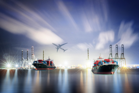 Logistics and transportation Container Cargo ship and Cargo plane with working crane bridge in shipyard background, logistic import export background and transport industry.の写真素材