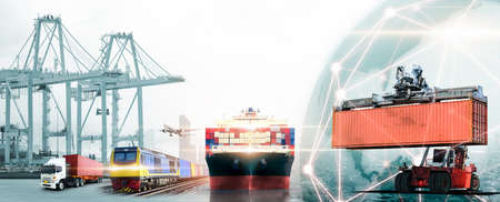 Global business logistics import export concept, container truck, ship in port and freight cargo plane in transport, logistics network distribution, online goods ordersの写真素材