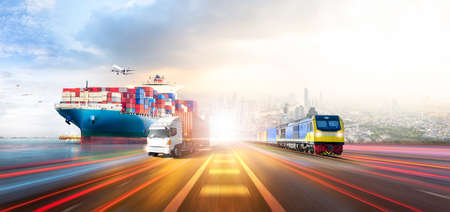 Global business logistics import export and container cargo freight ship, freight train, cargo plane, container truck on highway at city background with copy space, transportation industry conceptの写真素材