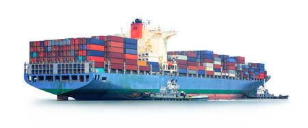 Container Cargo Ship and Tug boat isolated on white background, Freight Transportation and Logistic...