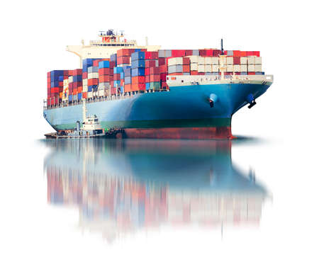 Container Cargo Ship and Tug boat isolated on white background, Freight Transportation and Logistic...