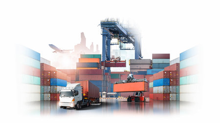 Logistics import export and International transportation of forklift handling container loading box to the freight cargo truck at container yard storage on city white background with copy space, planeの写真素材