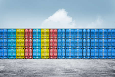 Stack of colorful containers box cargo in port shipping yard background, Containers with blue sky...