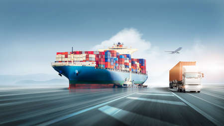 Transport of Container Truck on highway and cargo ship with airplane at sunset blue sky background...