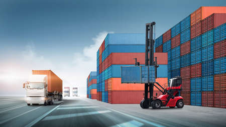 Transport of Container Truck on highway and Container Handler forklift lifting in shipping yard...
