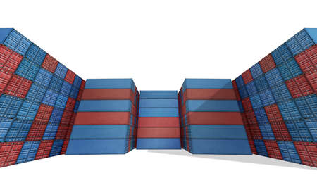 Containers isolated on white background, Stack of colorful containers box with copy space, Logistics import export goods of freight carrier and transportation industry conceptの写真素材