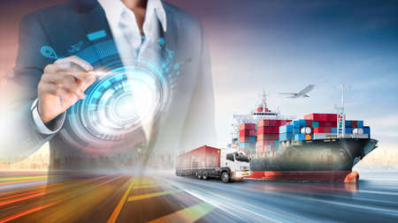 Smart logistics and transportation import export concept, Global Business logistic network distribution of Cargo freight ship, Cargo plane, freight train, Container truck at industrial port backgroundの写真素材