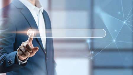 Businessman press on virtual screen of search bar, Information web browser, Search Engine...