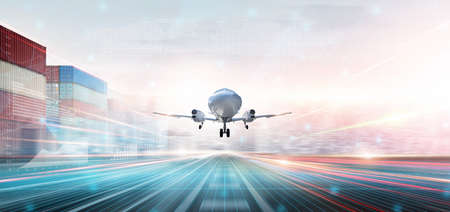 Technology Digital Future of Cargo Plane Logistics Transport Concept, Airplane landing and Airport runway, Modern Futuristic Transportation Import Export Background, Global Business Distributionの写真素材