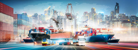 Global Business Network Distribution and Technology Digital Future of Cargo Containers Logistics Transport Concept, Double Exposure of Freight Ship, Modern Futuristic Transportation Import Exportの写真素材