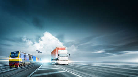 Technology Future of Cargo Container Logistics Transport Concept, Freight Train, Plane, Truck on Highway Road at Dramatic Sky with Copy Space, Modern Futuristic Transportation Import Export Backgroundの写真素材