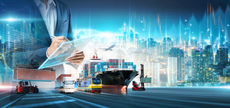 Business and Technology Digital Future of Cargo Containers Logistics Transportation Import Export Concept, Manager using Tablet Online Tracking Control Delivery Distribution on Map City Backgroundの写真素材