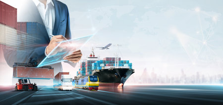 Business and technology digital future of cargo containers logistics transportation import export concept, Manager using tablet online tracking control delivery distribution on world map backgroundの写真素材