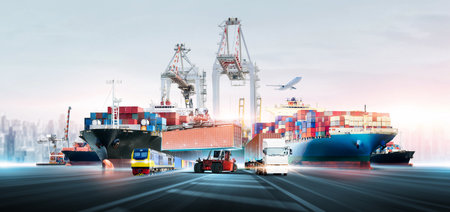 Global business logistics transport import export and International trade concept, Logistic distribution of containers cargo freight ship, train, truck, airplane, Transportation industry backgroundの写真素材