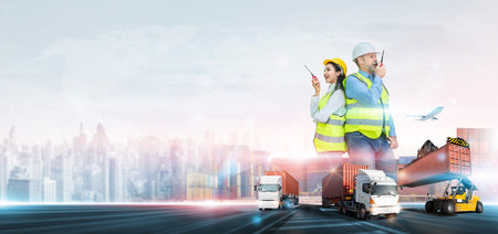 Engineer using radio communication working at industrial port, Containers checking control management, Global business logistics and transportation import export cargo freight distribution, Copy spaceの写真素材