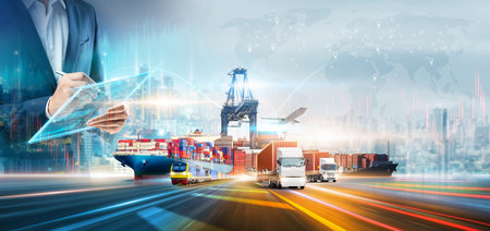 Innovation technology digital future of logistics freight transportation import export concept, Manager using tablet control online tracking cargo delivery distribution on city world map backgroundの写真素材