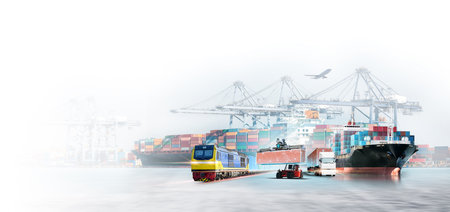 Global Logistics Network Concept Featuring Cargo Ship Train Truck and Airplane Working Together for...