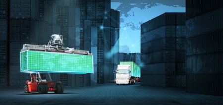 Smart logistics and digital transformation in supply chain network with forklift, container and...