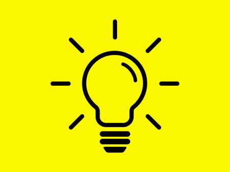 Contour light bulb glowing icon. Bright black light with rays on yellow background electric lighting and new creative vector idea.のイラスト素材