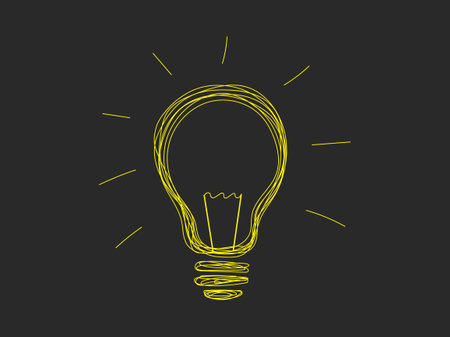 Light bulb glowing in dark abstract sketch icon. Yellow electric light lines with rays on black background new creative idea and electric lighting vector.のイラスト素材