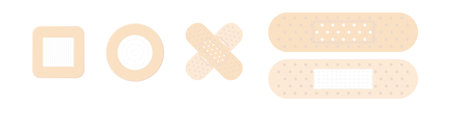 Medical adhesive bandage. Elongated shape with bactericidal white insert round for repairing damaged skin cross shaped sticker for better grip on body square elastic for serious vector injuries.のイラスト素材