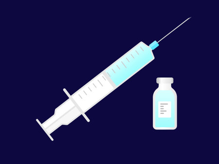 Syringe with vaccine vector clipart. Two step blue vaccination with glass vial of drug immunization. Anti vaccination with persistent immunity.のイラスト素材