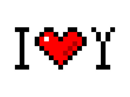 I love you pixel icon. Red hearts with black outline in capital letters and shape romantic recognition heartfelt emotional vector greeting.のイラスト素材