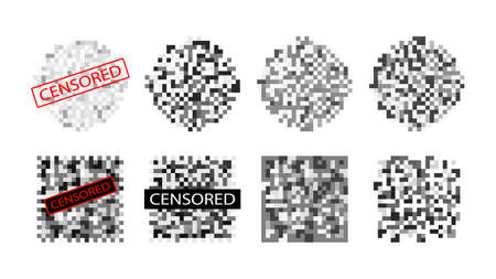 Censored content in pixels icon. Unwanted viewing with tag censorship painted over scenes cruelty and violence detrimental to vector psyche.のイラスト素材