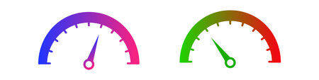 Neon bright semicircle speedometer with arrow icon. Blue indicator with arrow green beginning...
