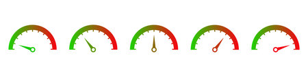 Speedometers showing ascending speed icon. Indicator with arrow green beginning progress and turning...