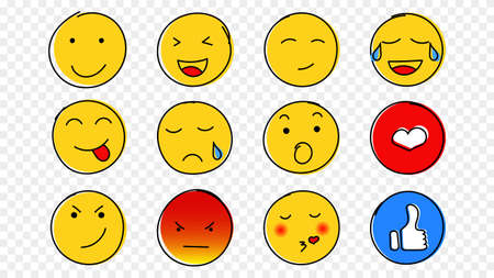 Yellow faces emotions hand drawn set. Smiling and laughing doodles with sketches of admiration and red anger sneering squinting and fooling around showing vector language.のイラスト素材