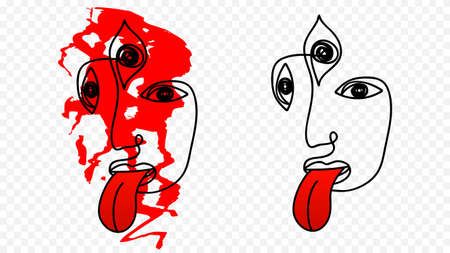 Abstract woman shows tongue. Hindu goddess Kali with third eye and face covered in blood traditional indian religious symbol of tree worship.のイラスト素材