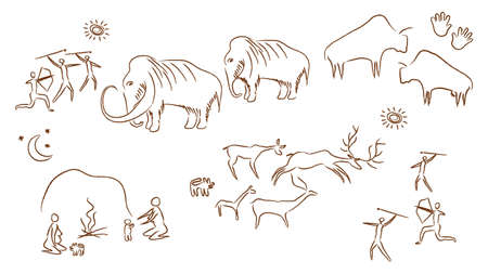 Ancient rock paintings illustration. Prehistoric cave paintings of primitive people hunting mammoths and deer making cromagnan women campfires and playing with vector children.のイラスト素材