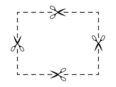 Scissors cut dotted rectangle template. Black sharp tools geometrically separate sheet of paper empty space with vector cutout border.のイラスト素材