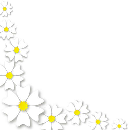 Summer ornament daisies cut paper banner. Bright white origami petals with yellow inflorescence blooming around edge of poster spring ornament holiday and birthday romantic vector invitation.のイラスト素材