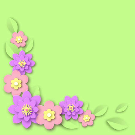 Purple branch of flowers with scattering green leaves banner. Bright pink anemone with spring ornament holiday and birthday application romantic creative vector invitation.のイラスト素材