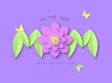 Best mothers day floral decoration poster. Happy holiday with pink paper cut flower and green leaves lettering spring congratulations loved one with yellow fluttering vector butterflies.のイラスト素材