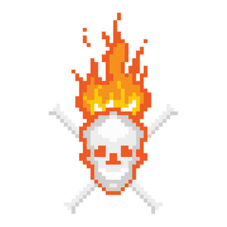 Skull burning with bones pixel icon. Smiling sinister head with crossed bones and blazing hellfire scary pirate vector thugs symbol.のイラスト素材