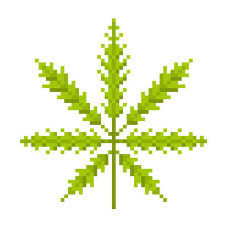 Cannabis leaf pixel icon. Green fluffy herb with narcotic relaxing effect natural marijuana with medicinal vector effect.のイラスト素材