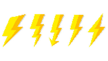 Lightning pixel signs. Game yellow electrical flashes with geometric curves high voltage hazard and powerful vector discharges thunderstorm.のイラスト素材