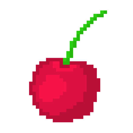 Ripe pixel cherry icon. Red berry with sour spicy taste green tail fresh natural vitamin for juice and decorating vector dessert.のイラスト素材